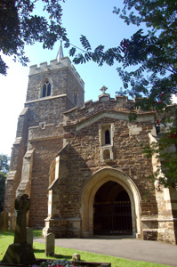 Westoning church porch and tower August 2009
